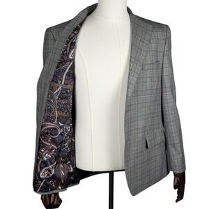 Tallia Mens 44S Grey/brown Glen Plaid Wool Blend Paisley Lining Blazer Jacket